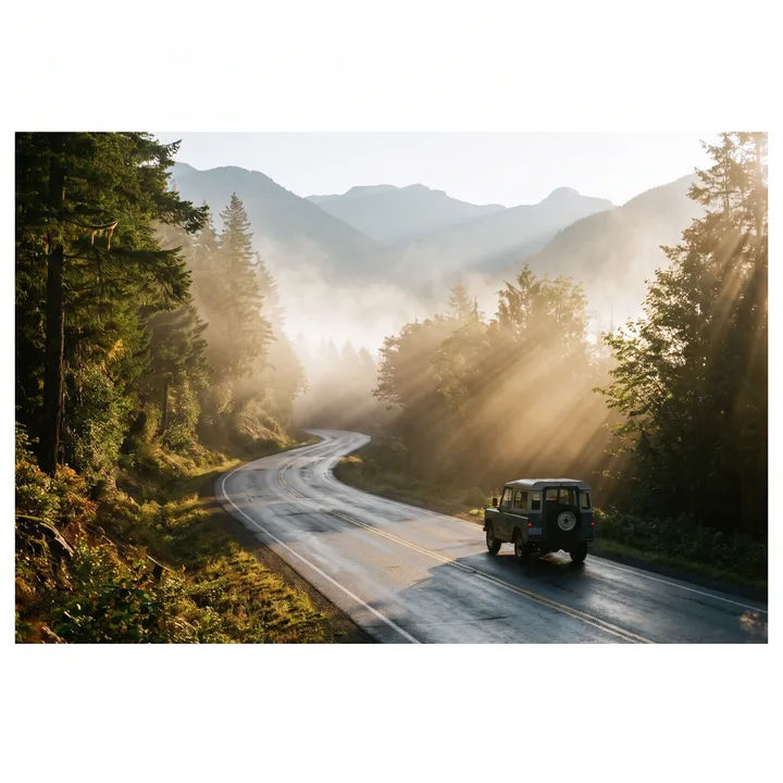 雨后山间公路,晨雾弥漫,远处山峦,电影感光影
